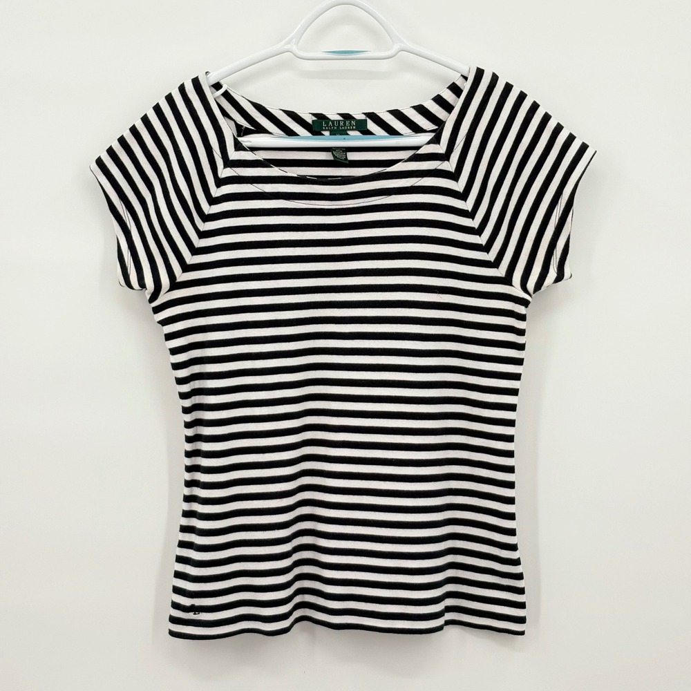 Lauren Ralph Lauren Womens XL Black White Striped Cotton Top Short Sleeve